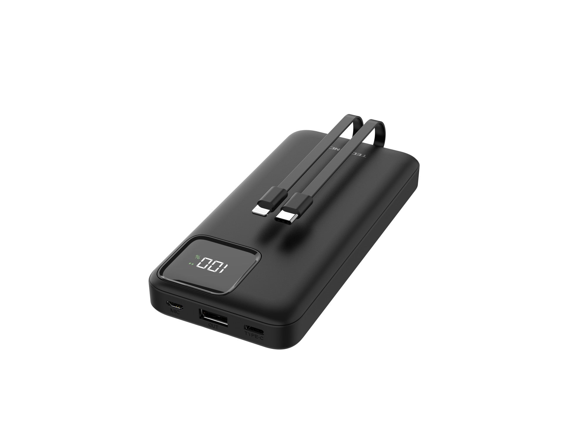 Techancy Mobile Power 10000mah 2.4a Charging TF2783, Câble de charge 2 en 1 Usb C+Ip, écran d’alimentation numérique, noir
