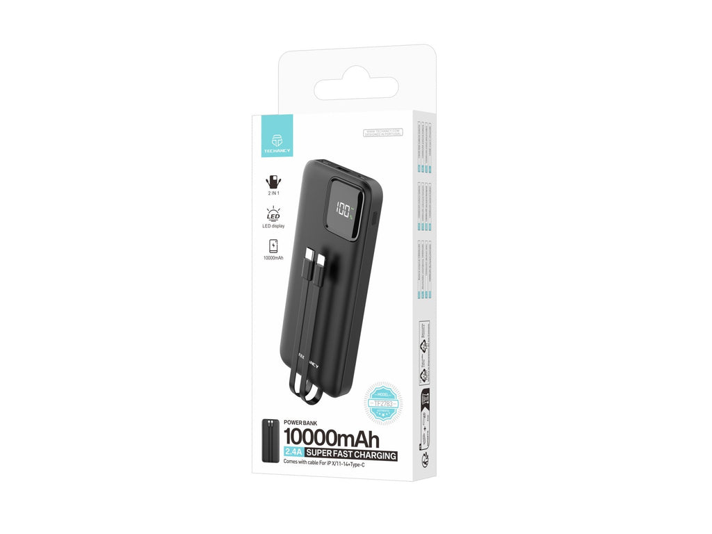 Techancy Mobile Power 10000mah 2.4a Charging TF2783, Câble de charge 2 en 1 Usb C+Ip, écran d’alimentation numérique, noir