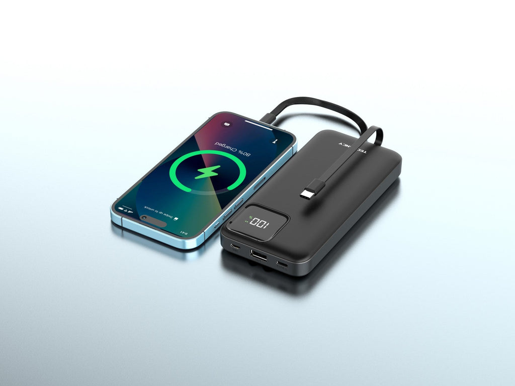 Techancy Mobile Power 10000mah 2.4a Charging TF2783, Câble de charge 2 en 1 Usb C+Ip, écran d’alimentation numérique, noir